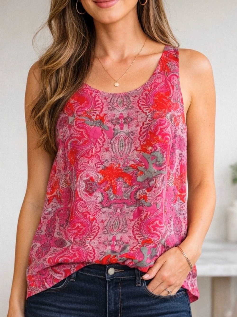 CAbi Sleeveless Printed Chiffon Tank Top - Bright Pink